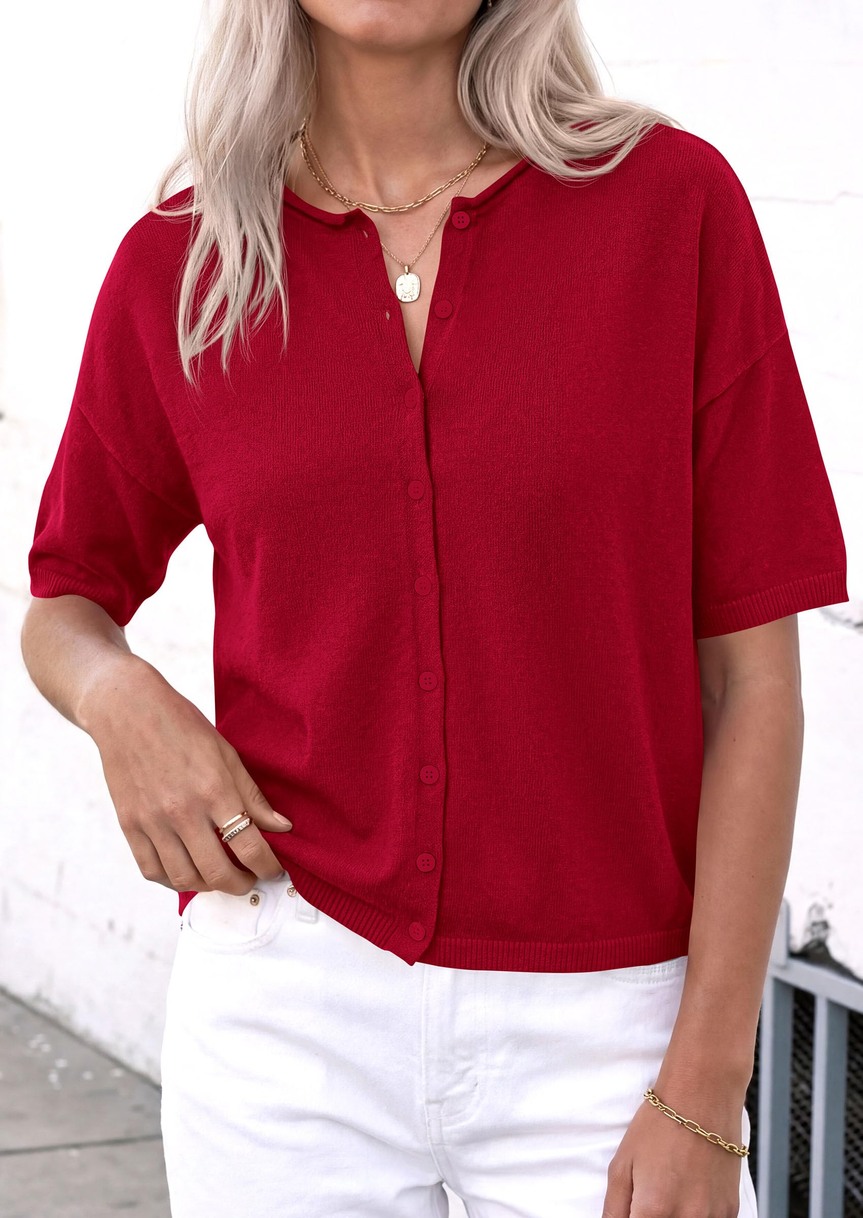 PRETTYGARDEN Women Spring Short Sleeve Cardigan Sweaters Button Down Knit Shirt Blouse Dressy Casual Tops Summer Outfits PRETTYGARDEN