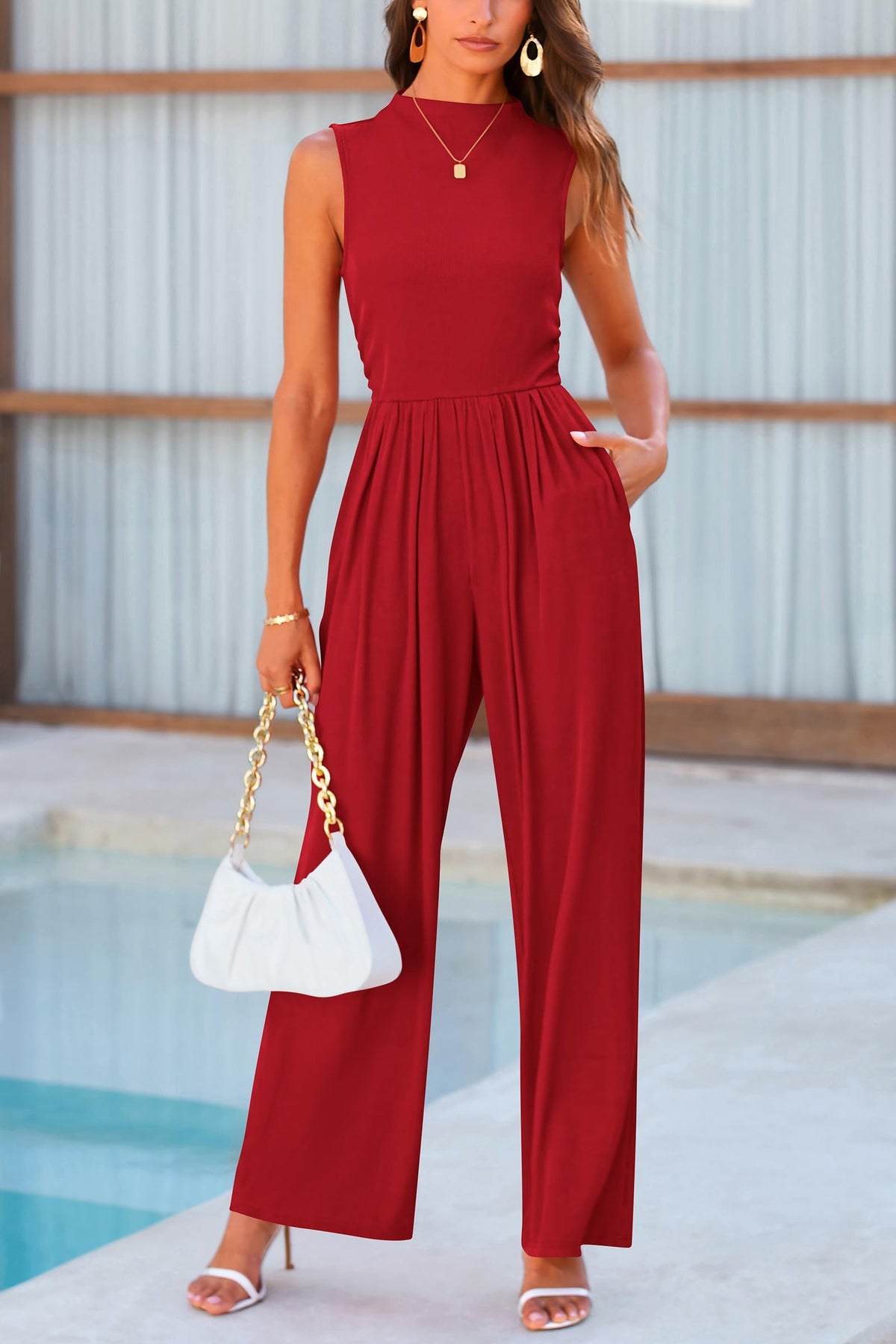 Sleeveless Mock Neck Wide Leg Jumpsuits With Pockets