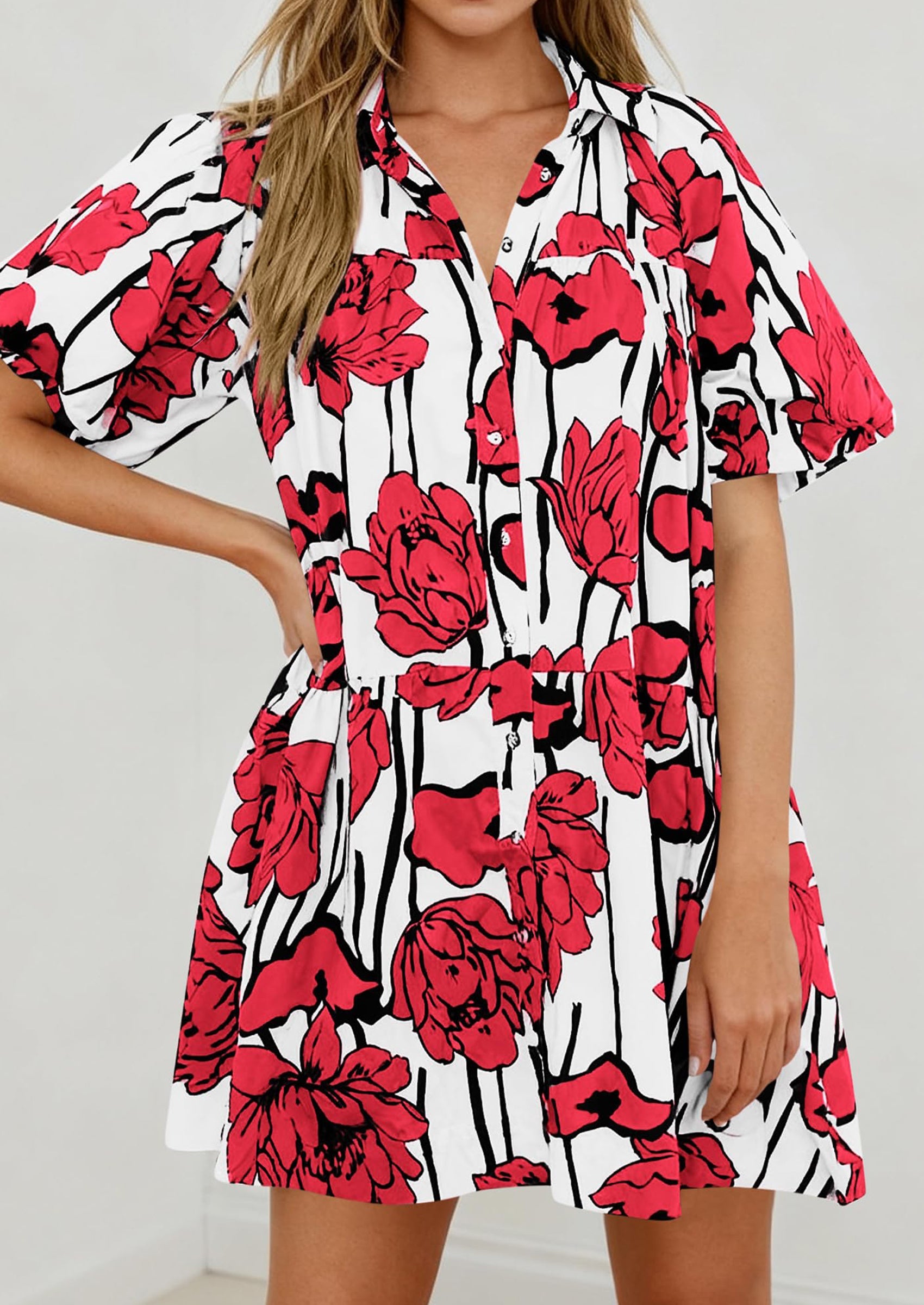 PRETTYGARDEN Womens Summer Dresses 2026 Casual Puff Sleeve Button Down Mini Shirt Dress Boho Floral Babydoll Sun Dress PRETTYGARDEN