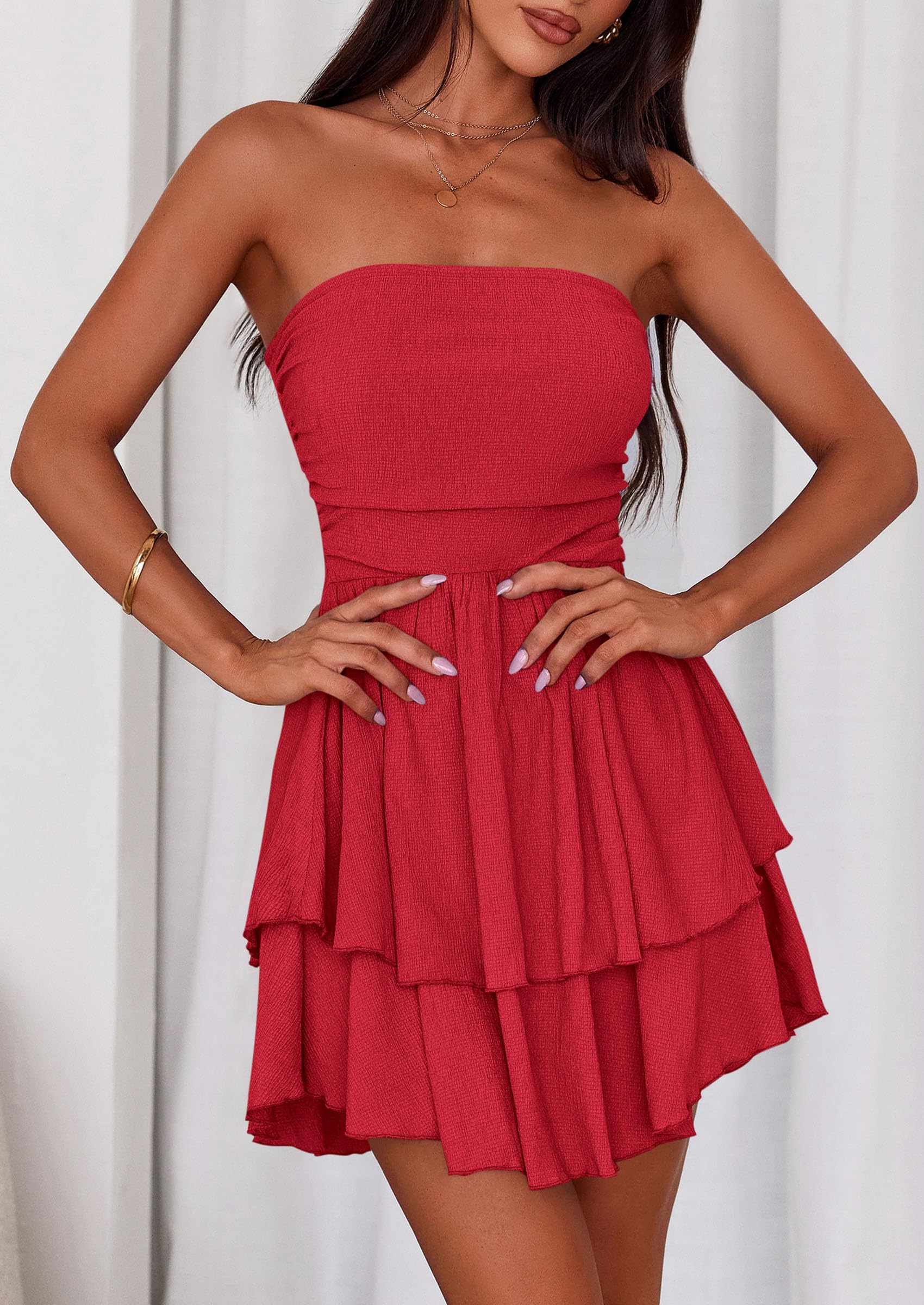 PRETTYGARDEN Women's Summer Strapless Tube Mini Dress Off Shoulder Smocked Ruffle A Line Flowy Short Party Club Dresses