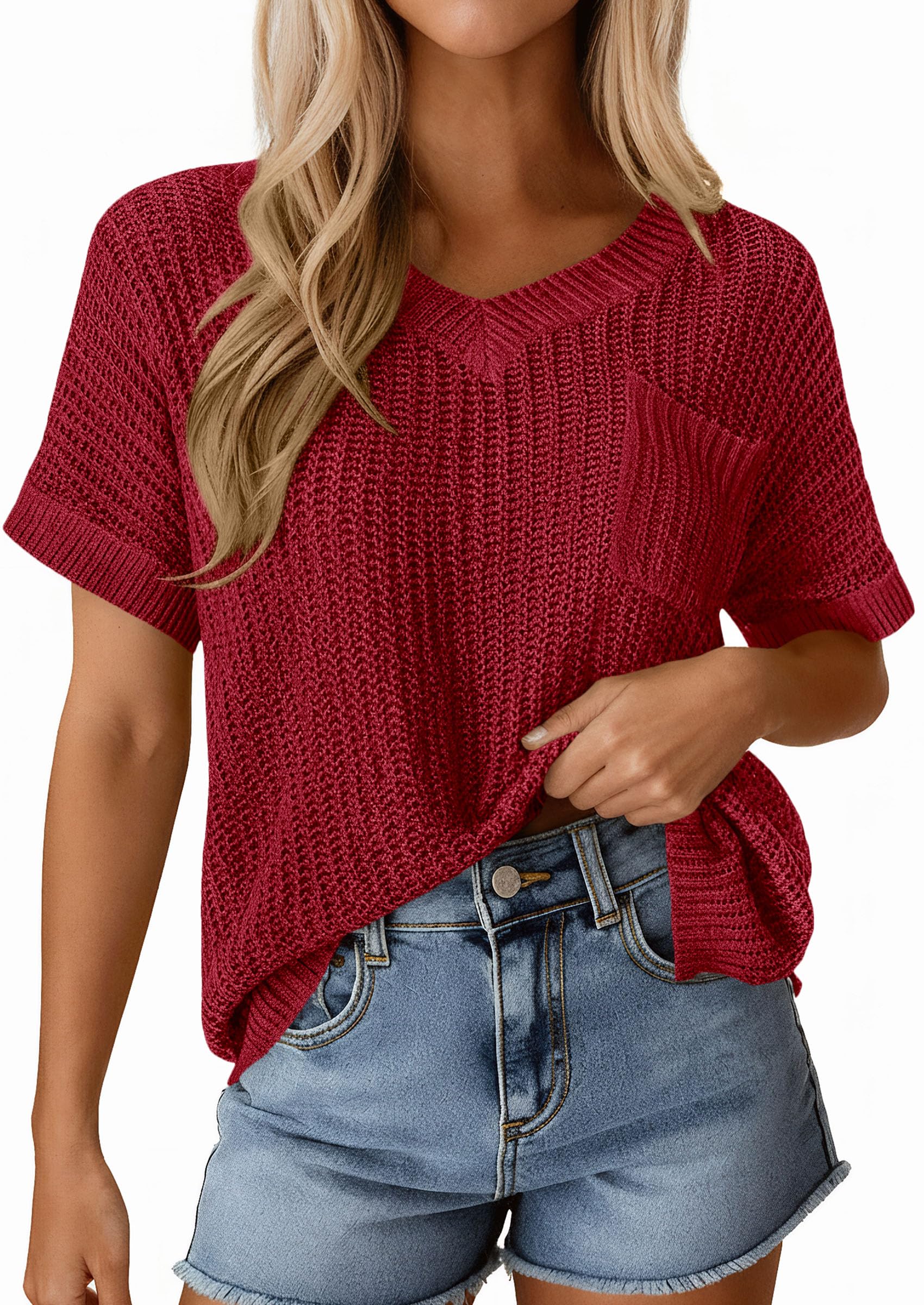 PRETTYGARDEN Women's Spring Short Sleeve Sweaters Lightweight V Neck Casual Going Out Summer T PRETTYGARDEN