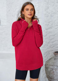 PRETTYGARDEN Womens Long Sleeve Quarter Zip Pullover Sweater Casual Loose V Neck Collared Ribbed Knit Jumper Tops Thumb Hole