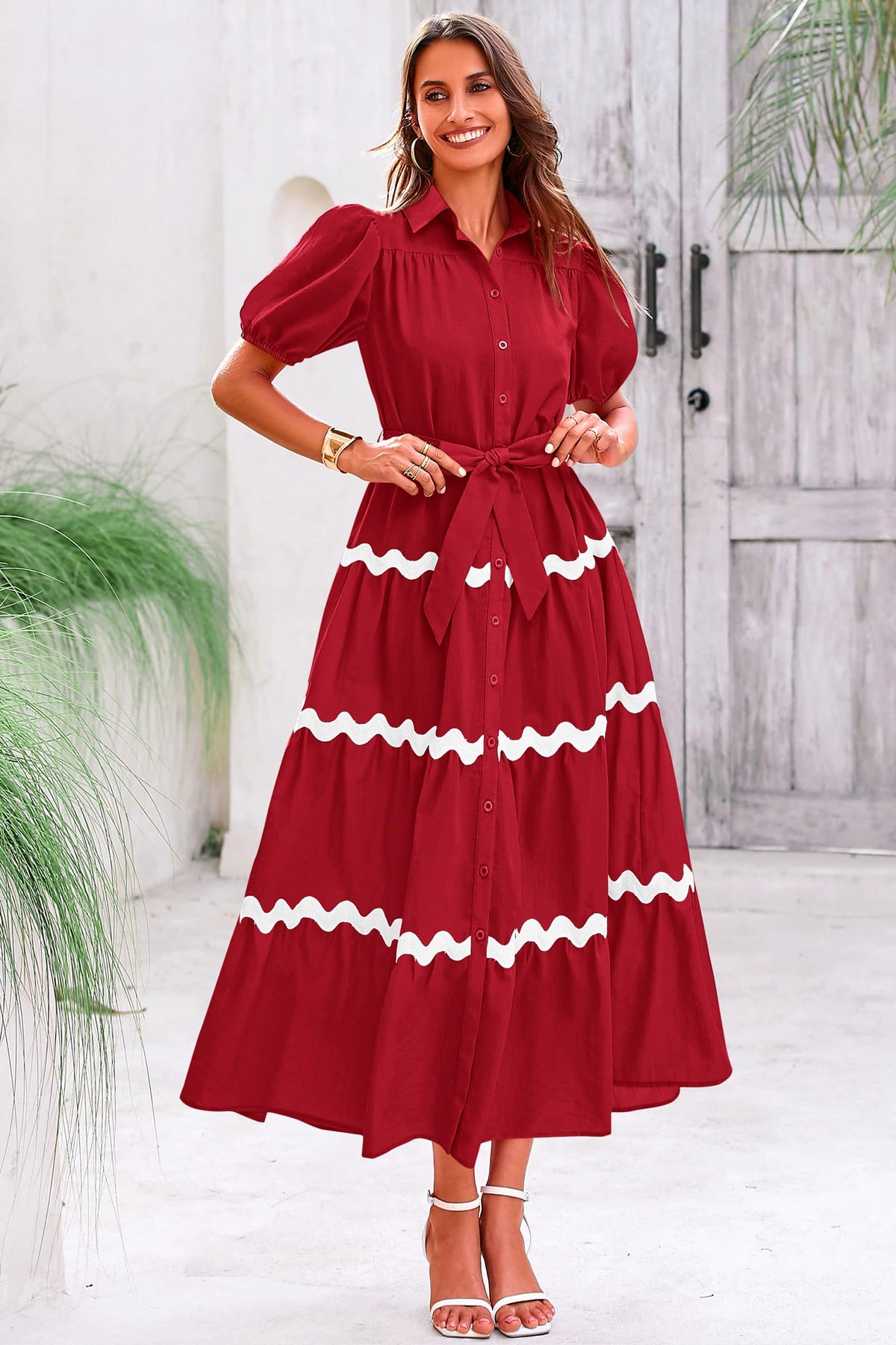 Summer Maxi Button Down Puff Short Sleeve Ruffle Long Flowy Shirt Dresses With Belt