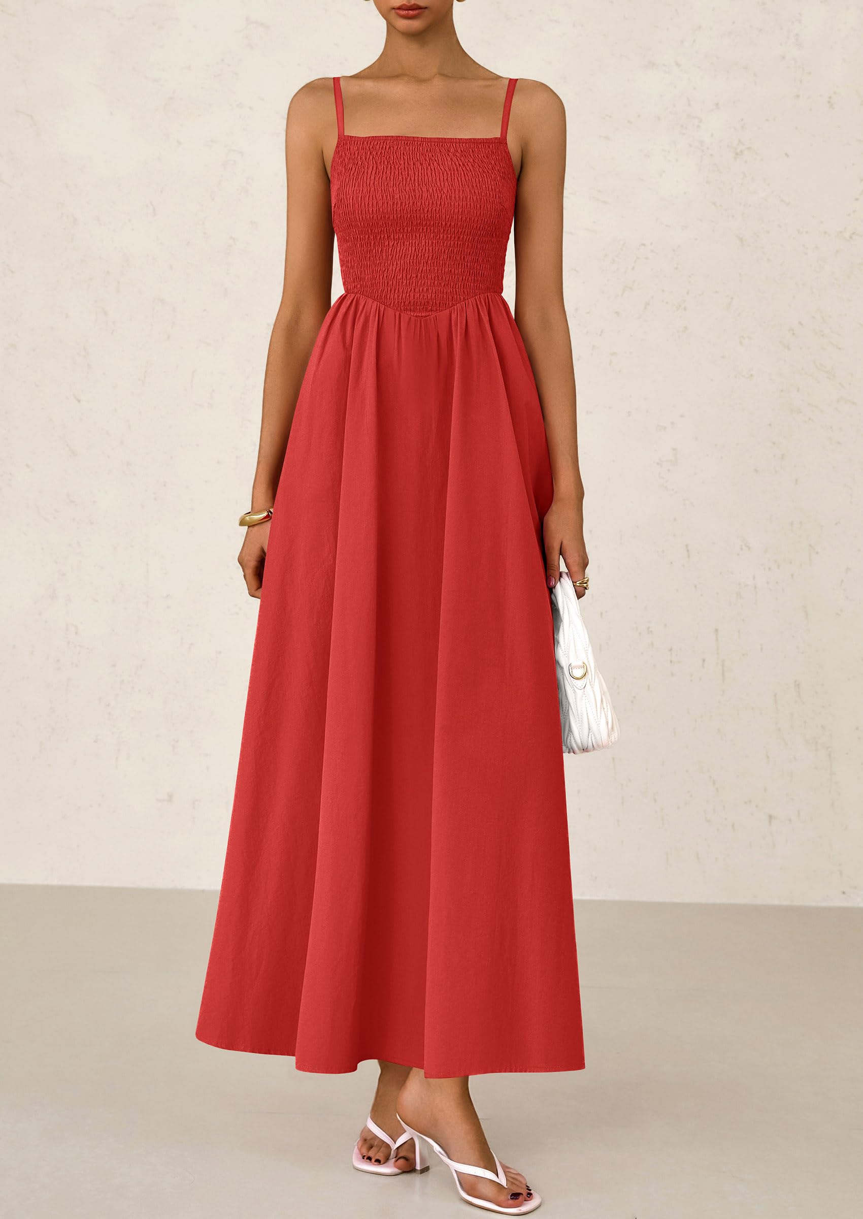 PRETTYGARDEN Women's Smocked Maxi Dresses Beach Sundress Casual Spaghetti Strap Swing A Line Long Flowy Dress