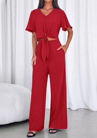 PRETTYGARDEN Women 2 Piece Summer Outfits Short Sleeve Strappy Top Wide Leg Pants Tracksuit Lounge Sets Beach Clothes PRETTYGARDEN