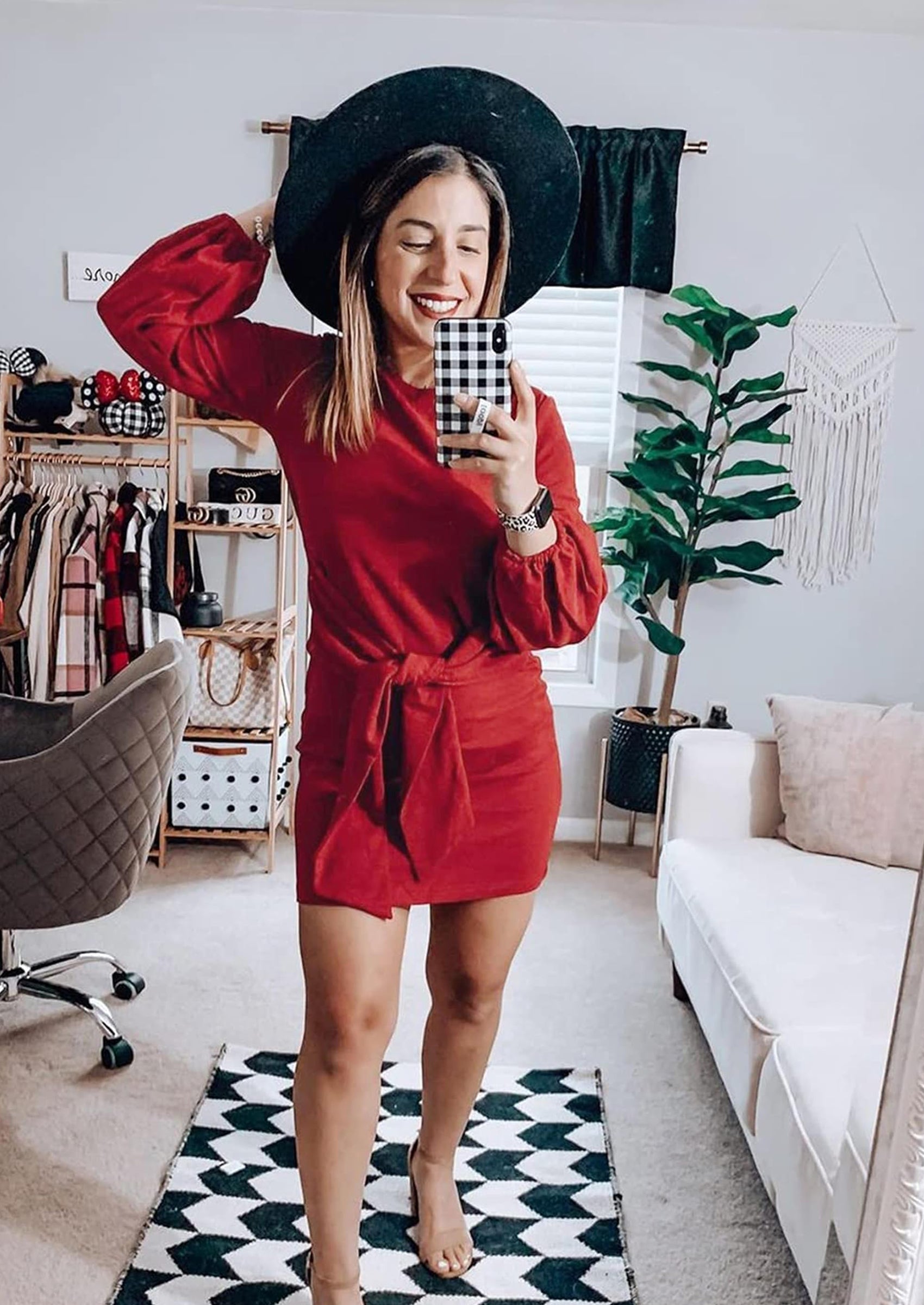 PRETTYGARDEN Womens Fall Elegant Long Lantern Sleeve Short Dress Wedding Guest Crewneck Tie Waist Knit Cocktail Dresses PRETTYGARDEN