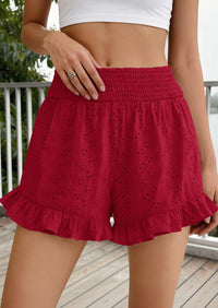 PRETTYGARDEN Summer Shorts for Women Boho Elastic Waist Ruffle Casual Hollow Out Embroidered Beach Bottoms with Pockets PRETTYGARDEN