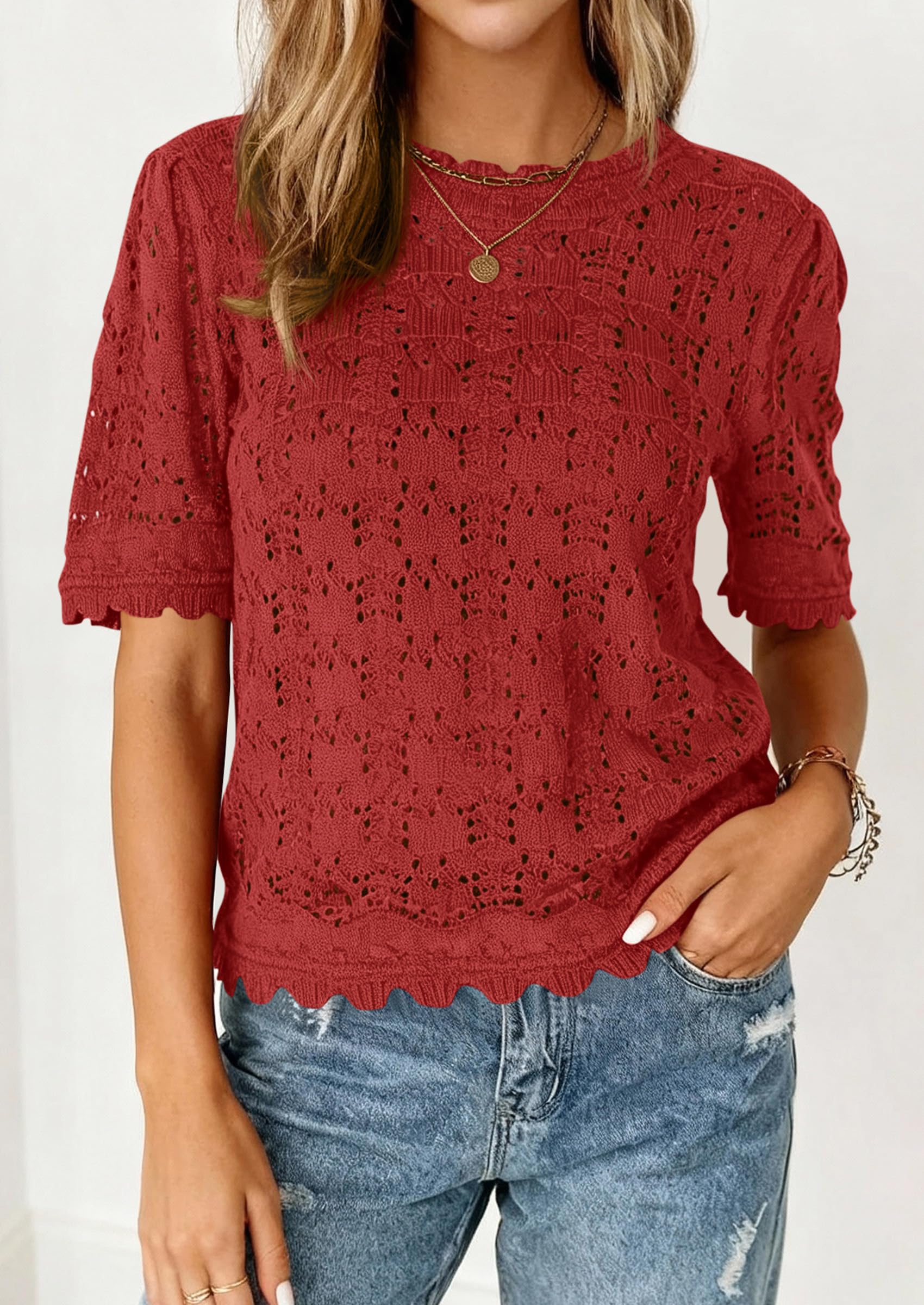 PRETTYGARDEN Women's Short Sleeve Sweater Trendy Crochet Summer Tops Casual Hollow Out Shirts Beach Vacation Clothes PRETTYGARDEN