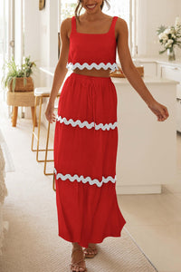 2 Piece Summer Casual Sleeveless Cropped Tank Top High Waisted Maxi Skirt Set