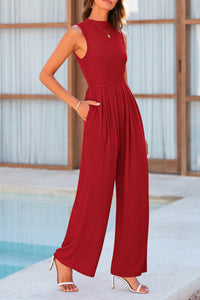 Sleeveless Mock Neck Wide Leg Jumpsuits With Pockets