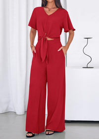 PRETTYGARDEN Women 2 Piece Summer Outfits Short Sleeve Strappy Top Wide Leg Pants Tracksuit Lounge Sets Beach Clothes PRETTYGARDEN