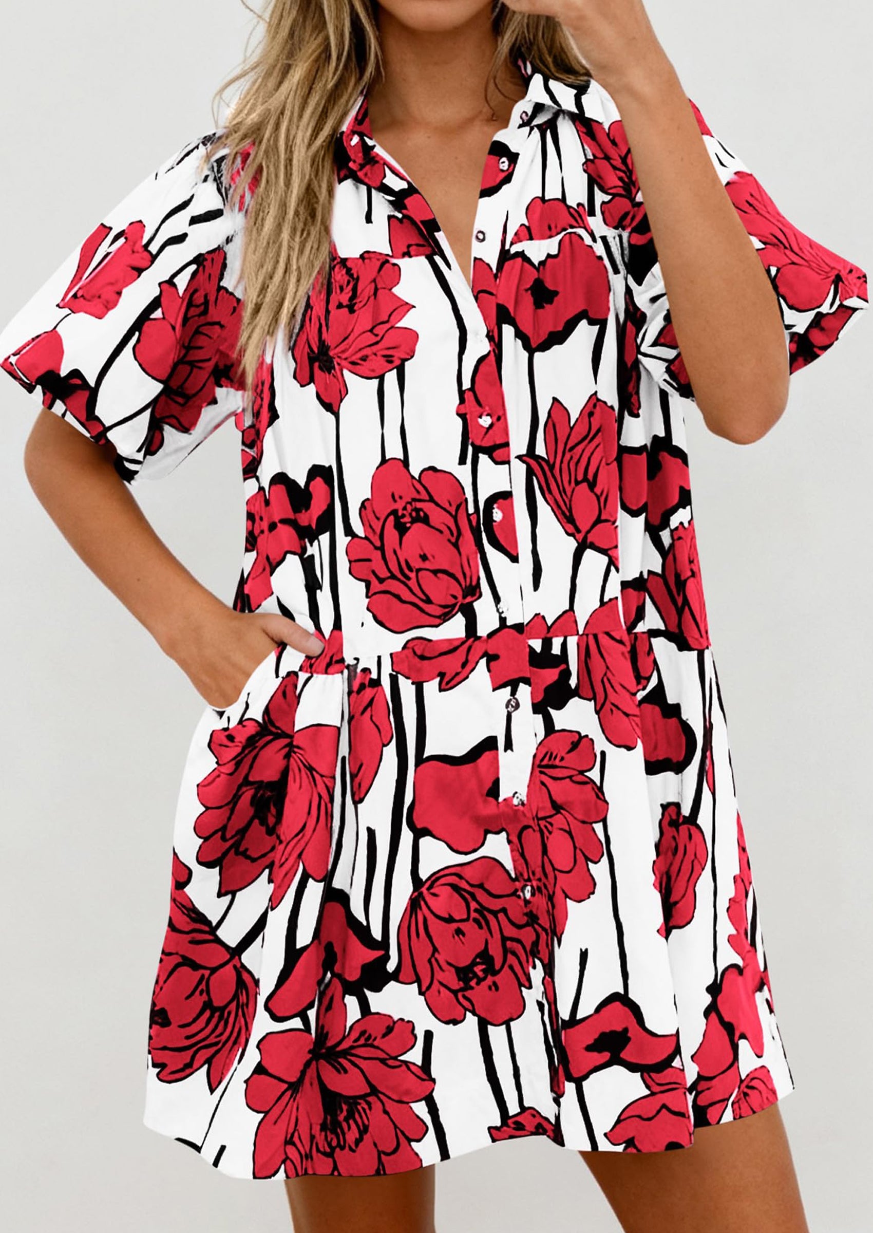 PRETTYGARDEN Womens Summer Dresses 2026 Casual Puff Sleeve Button Down Mini Shirt Dress Boho Floral Babydoll Sun Dress PRETTYGARDEN