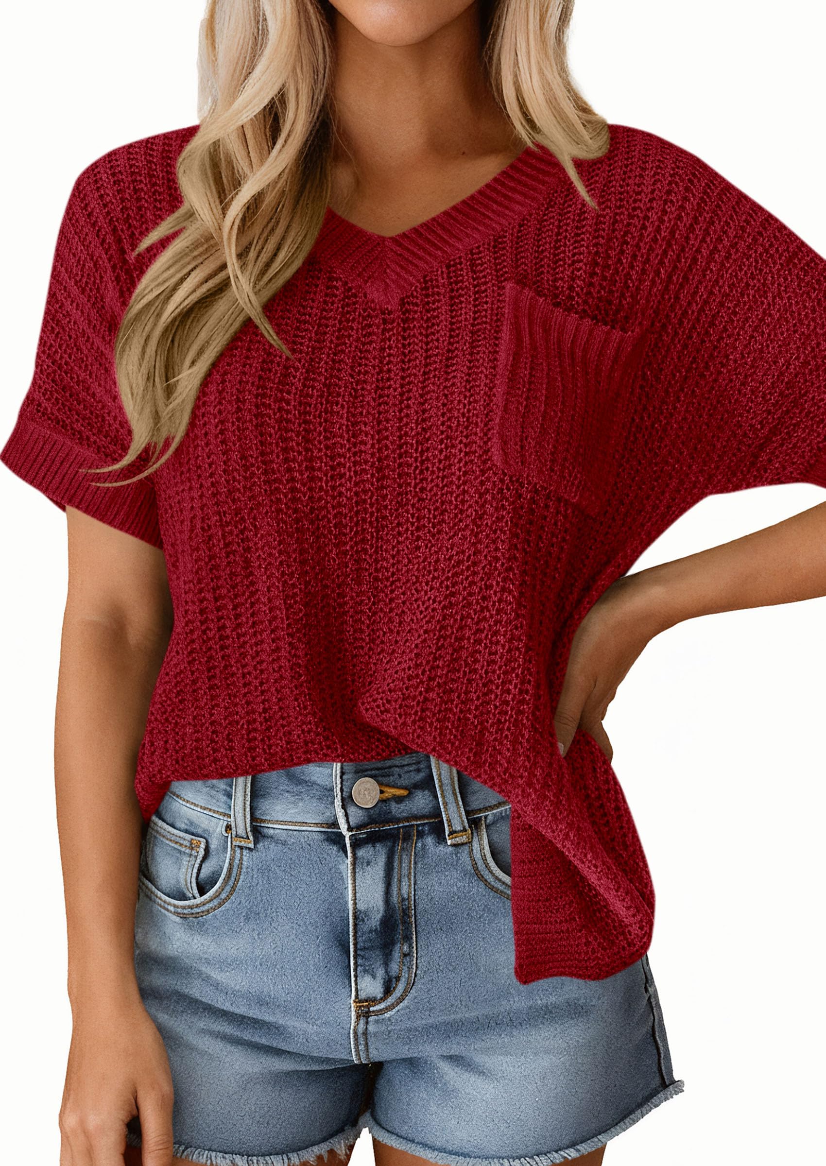 PRETTYGARDEN Women's Spring Short Sleeve Sweaters Lightweight V Neck Casual Going Out Summer T PRETTYGARDEN