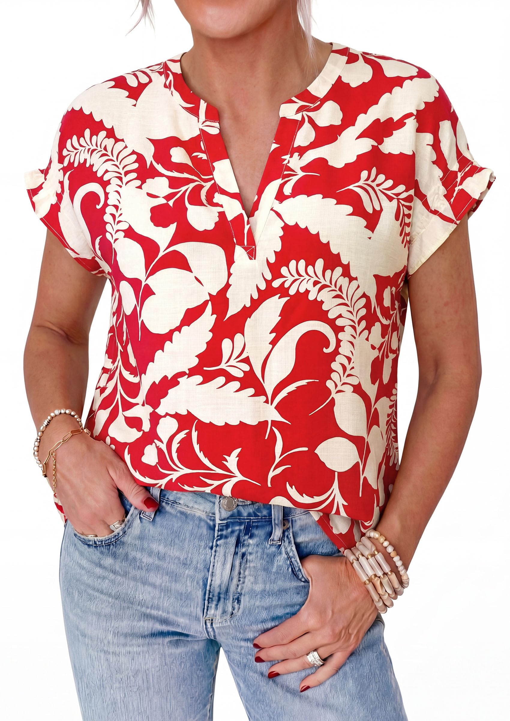 PRETTYGARDEN Womens Floral Print Short Sleeve Summer Tops Trendy V Neck Loose Boho Shirts Casual Work Blouses PRETTYGARDEN