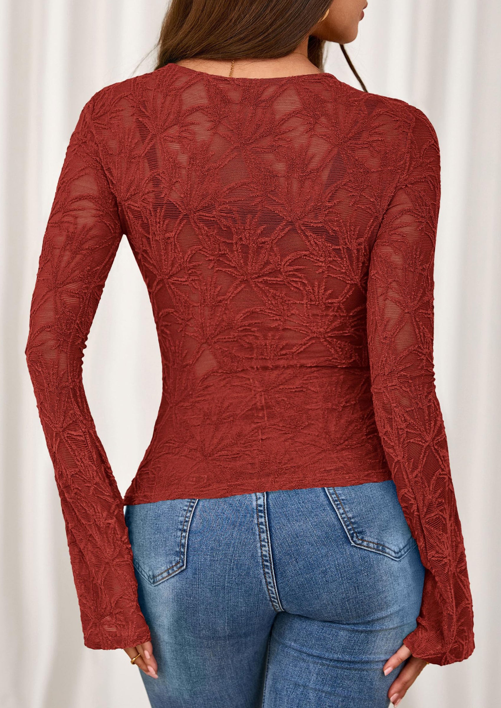 PRETTYGARDEN Womens Lace Long Bell Sleeve Tops Fall Sexy See Through Sheer Floral Blouse Shirt Fitted Going Out Outfits