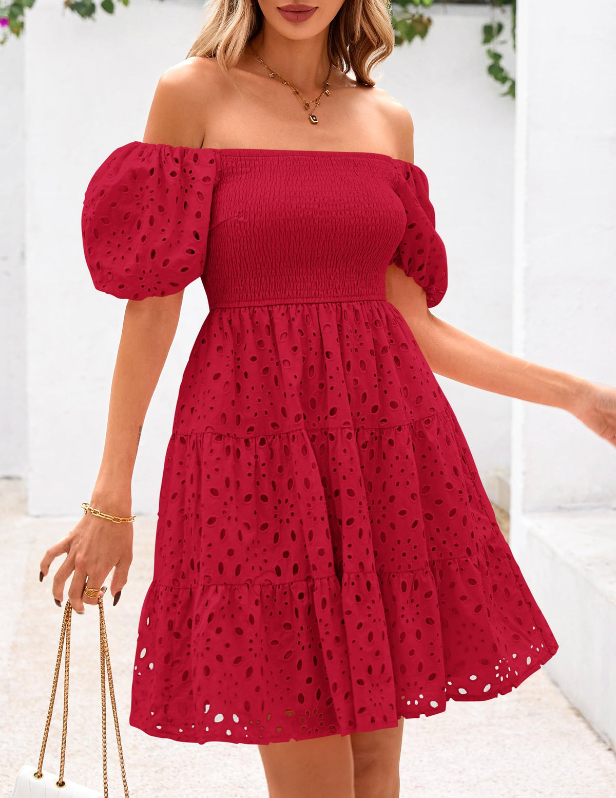 Womens Summer Puff Sleeve Mini Dress Off Shoulder Eyelet Smocked A Line Casual Babydoll Short Dresses