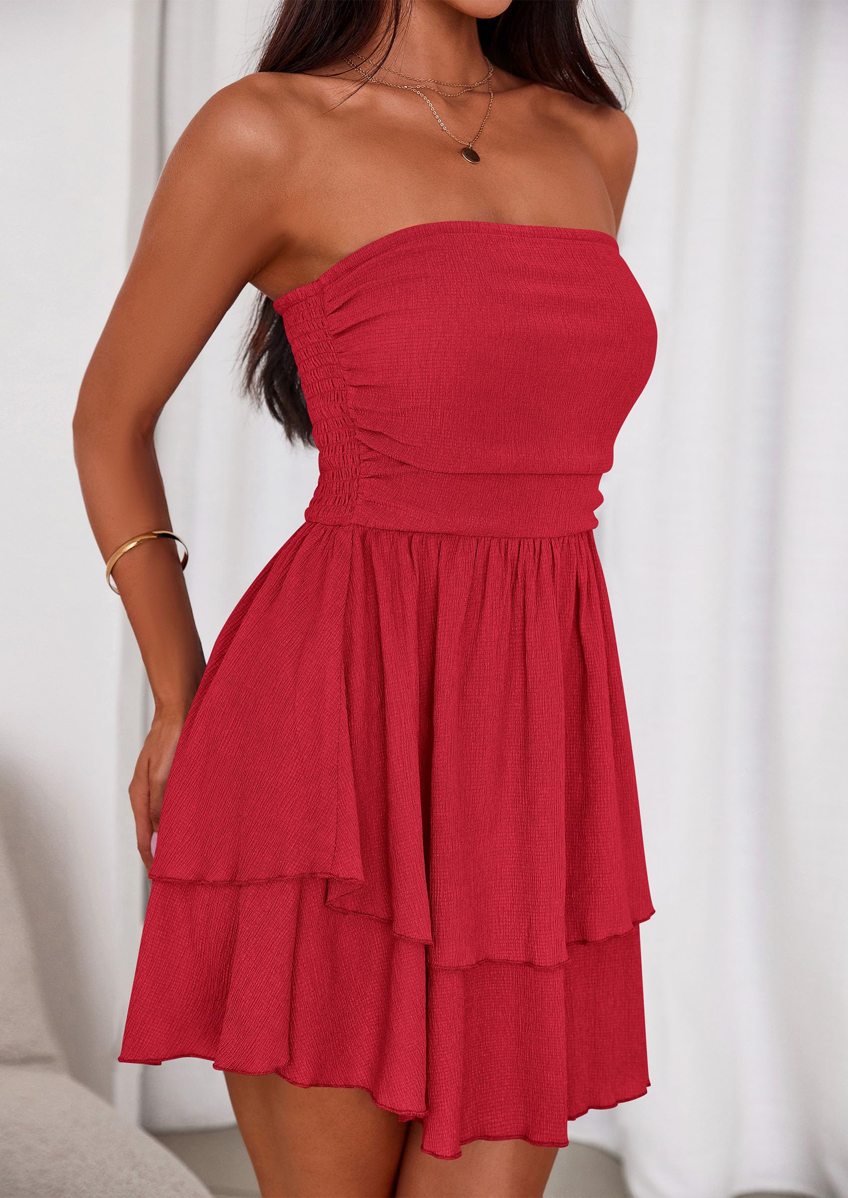 PRETTYGARDEN Women's Summer Strapless Tube Mini Dress Off Shoulder Smocked Ruffle A Line Flowy Short Party Club Dresses