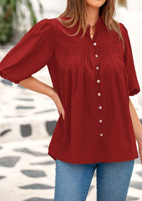 Women's 2025 Summer Short Lantern Sleeve Tops Loose Fit Button Down Shirt Casual Pleated V Neck Blouses