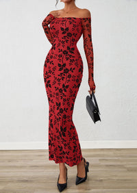 PRETTYGARDEN Womens Off The Shoulder Floral Maxi Bodycon Dress Fall Long Sleeve Mesh Fitted Long Formal Wedding Guest Dresses PRETTYGARDEN
