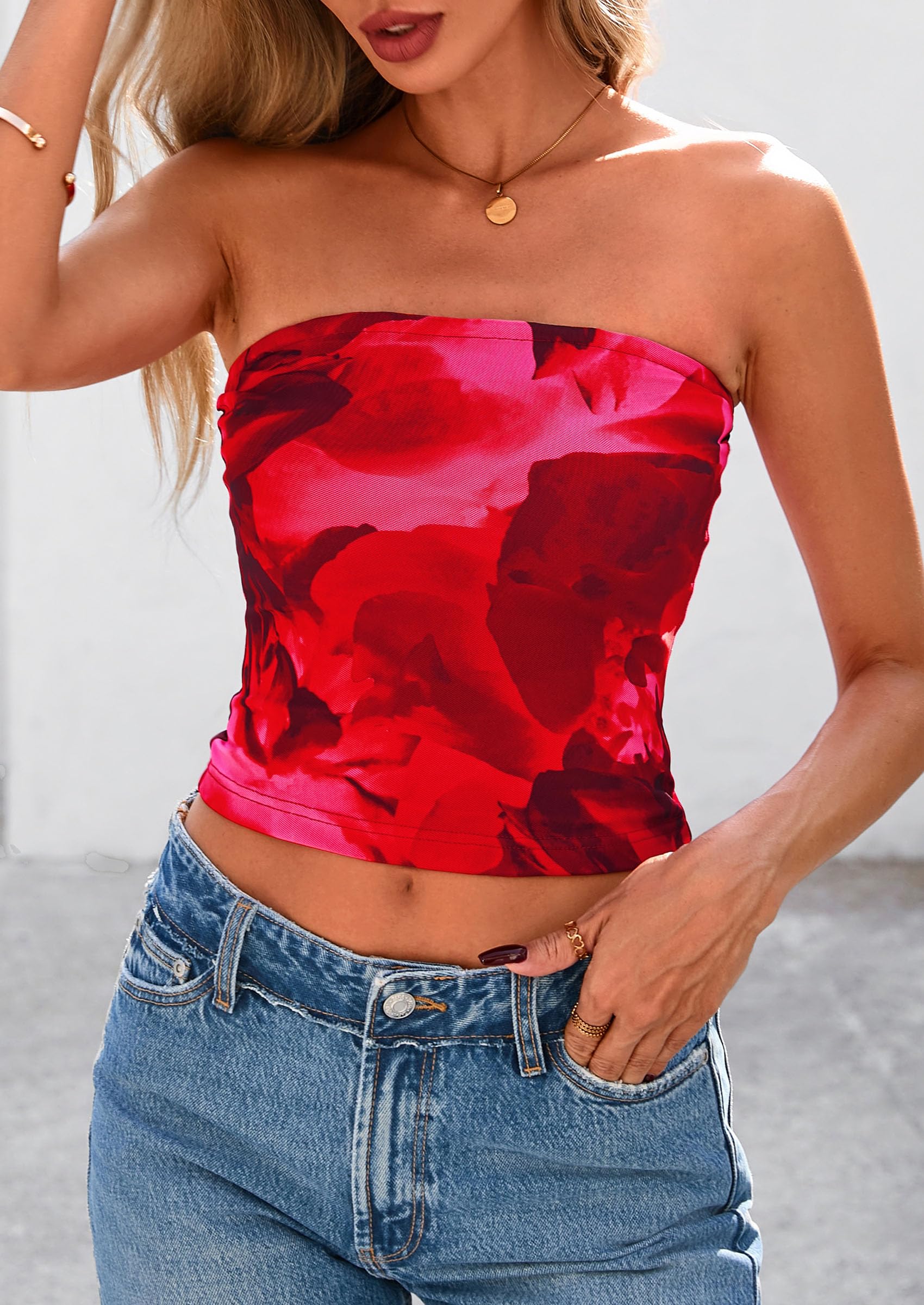 PRETTYGARDEN Strapless Tube Tops for Women Summer Mesh Floral Y2K Bandeau Cute Crop Top Trendy Going Out Outfits