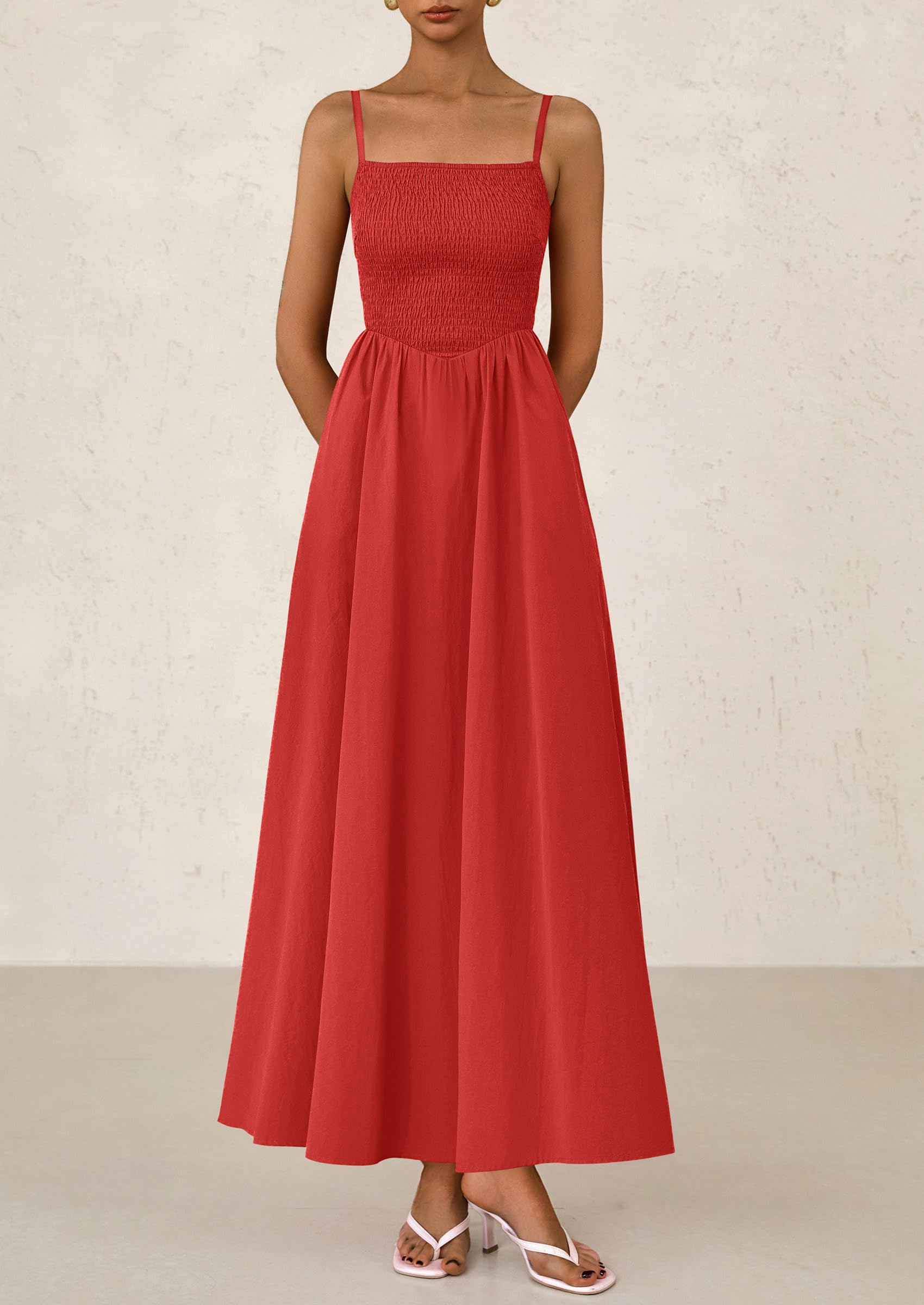 PRETTYGARDEN Women's Smocked Maxi Dresses Beach Sundress Casual Spaghetti Strap Swing A Line Long Flowy Dress