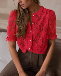 PRETTYGARDEN Womens Spring Lace Tops Short Puff Sleeve Casual Dressy Blouses Eyelet Crew Neck Button Down Shirts