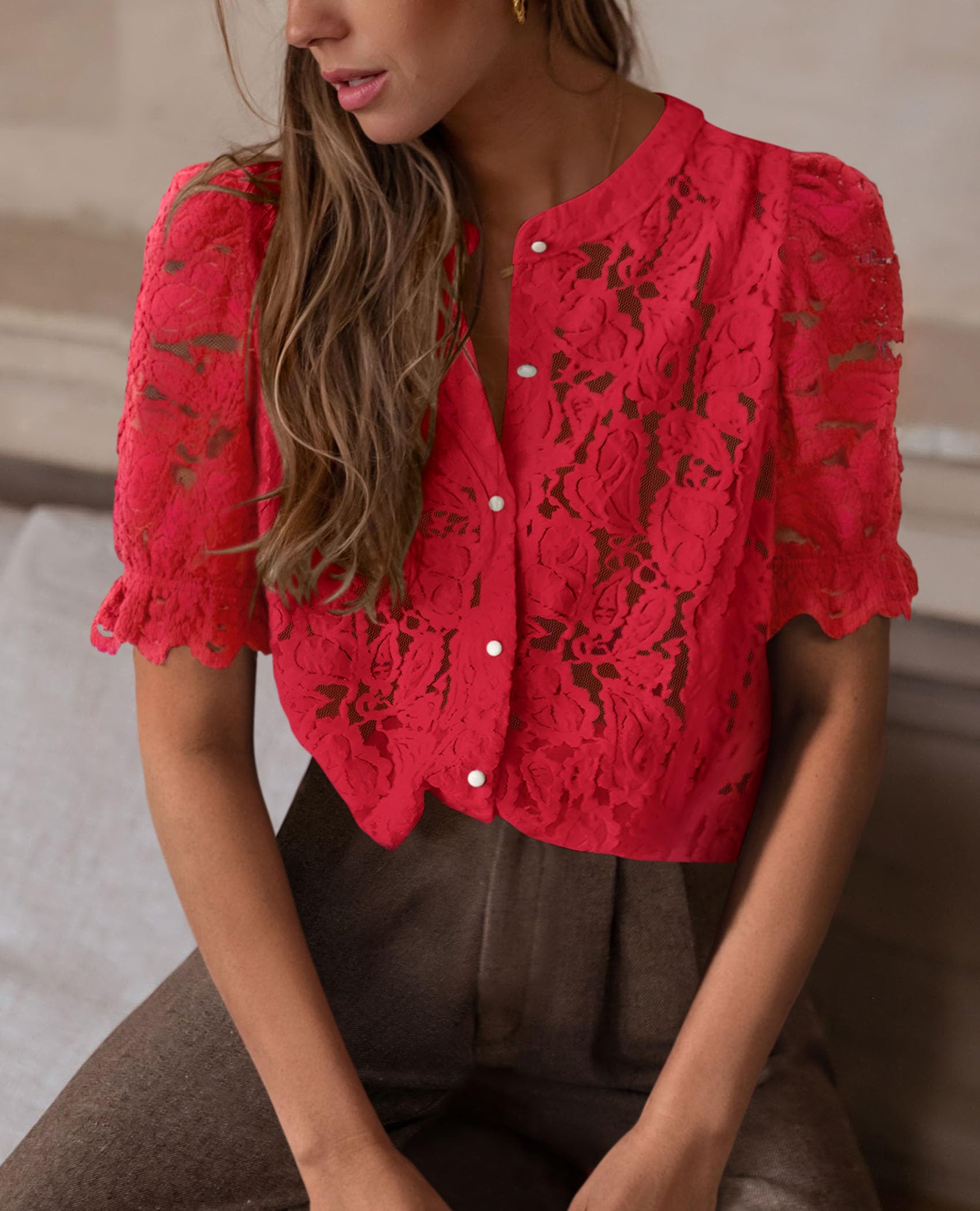 PRETTYGARDEN Womens Spring Lace Tops Short Puff Sleeve Casual Dressy Blouses Eyelet Crew Neck Button Down Shirts