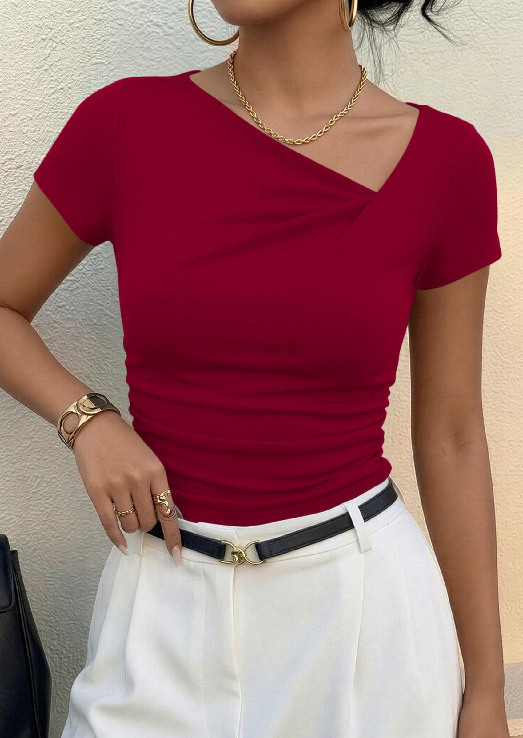 PRETTYGARDEN Women's Summer Asymmetrical Y2K Tops Trendy Ribbed Short Sleeve Fitted Tee Shirts Spring Fashion Clothing PRETTYGARDEN