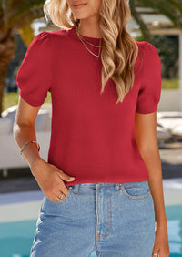 PRETTYGARDEN Womens Tops Spring Summer Puff Short Sleeve Sweater Crewneck Knit Work Blouses Dressy Casual Trendy Shirts PRETTYGARDEN