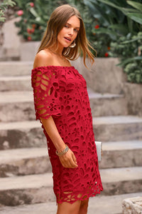 PRETTYGARDEN Women's Summer Off Shoulder Dresses Floral Lace Flare Short Sleeve Spring Vintage Elegant Mini Dress