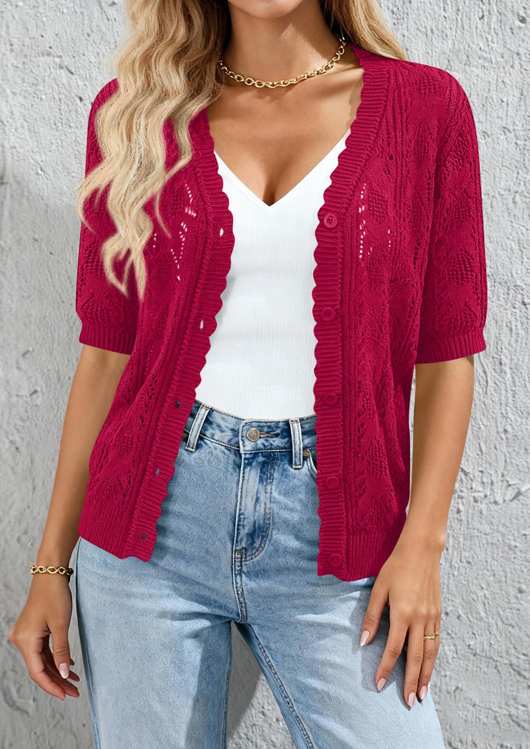 PRETTYGARDEN Short Sleeve Crochet Knit Summer Cardigans for Women Lightweight Button Down Hollow Out Sweater Beach Cover Up PRETTYGARDEN