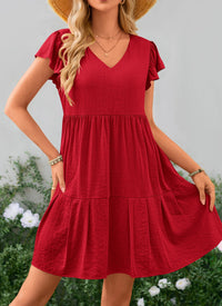 Summer Casual Cap Sleeve V Neck Tiered Ruffle Swing A Line Dresses