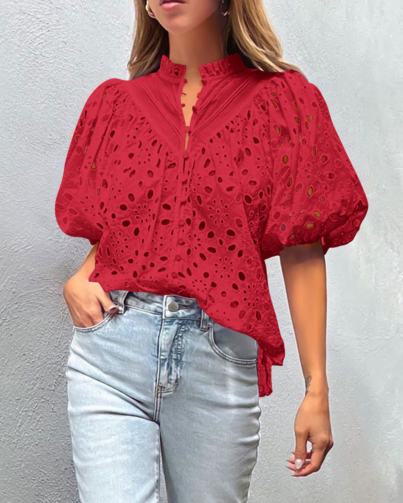 PRETTYGARDEN Women's Summer Short Sleeve Tops Dressy Casual Buttons V Neck Hollow Out Lace Embroidered Blouses Shirts