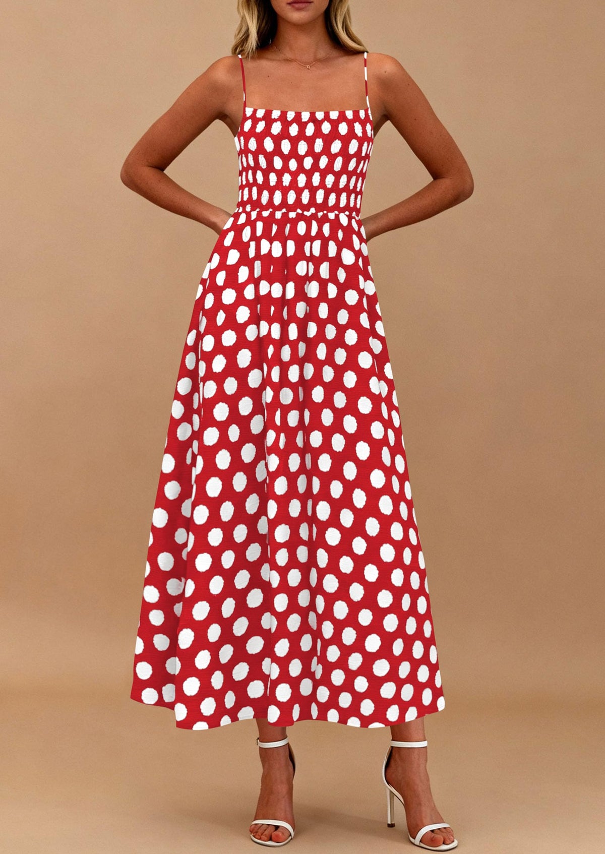 PRETTYGARDEN Womens Summer Dresses Spring Sleeveless Spaghetti Straps Casual Midi Dress Polka Dot Smocked Beach Sundress PRETTYGARDEN