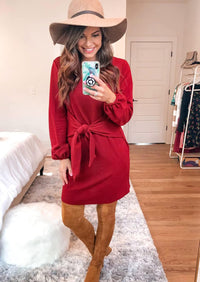 PRETTYGARDEN Womens Fall Elegant Long Lantern Sleeve Short Dress Wedding Guest Crewneck Tie Waist Knit Cocktail Dresses PRETTYGARDEN