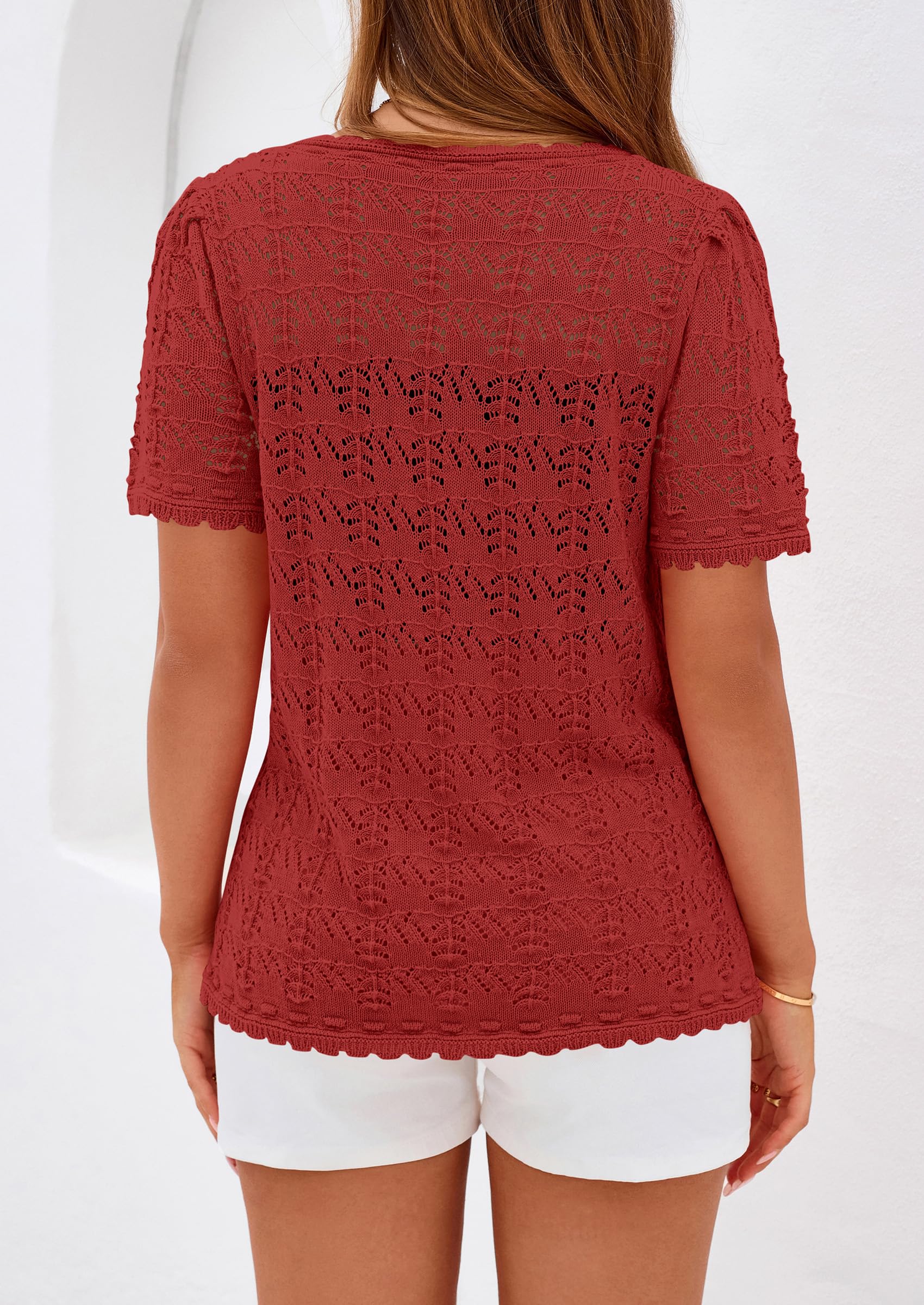 PRETTYGARDEN Women's Short Sleeve Sweater Trendy Crochet Summer Tops Casual Hollow Out Shirts Beach Vacation Clothes PRETTYGARDEN