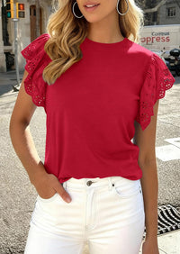 PRETTYGARDEN Womens Tops Dressy Casual Hollow Out Short Sleeve Summer Basic Tees Crewneck T Shirts Trendy Work Blouse PRETTYGARDEN