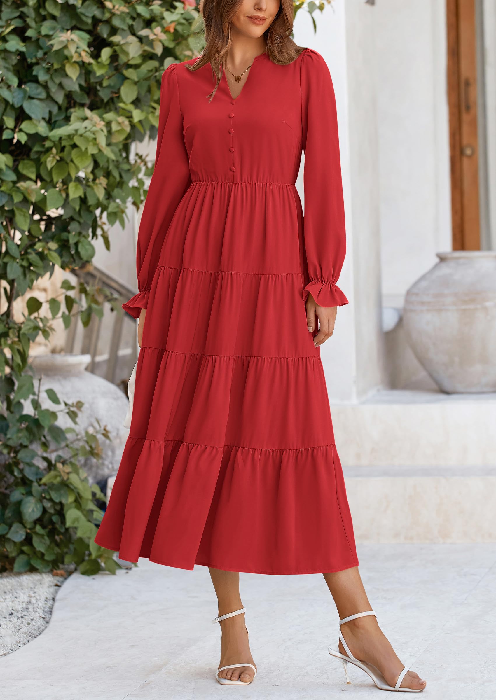 PRETTYGARDEN Women Fall Long Sleeve Smocked Maxi Dress Casual Square Neck Swiss Dot Tiered Ruffle Flowy Spring Pocket Dresses