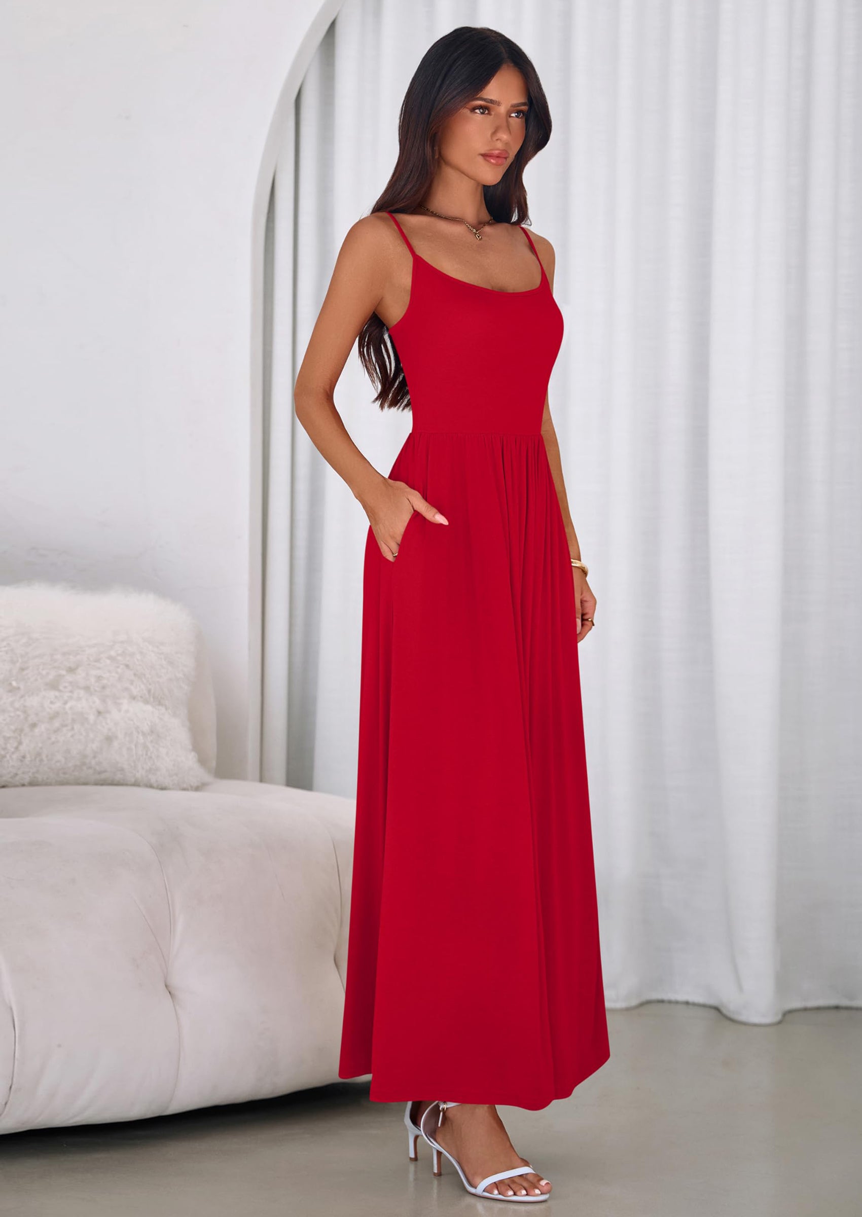 red long casual summer dresses Womens Smocked Casual Summer Beach Maxi Sundress L in Red