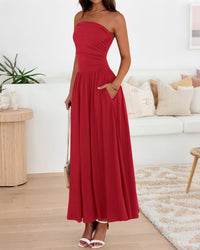 BTFBM Summer Maxi Dresses for Women Strapless Ruched Tube Top Beach Vacation Spring Wedding Guest Dress Pockets PRETTYGARDEN