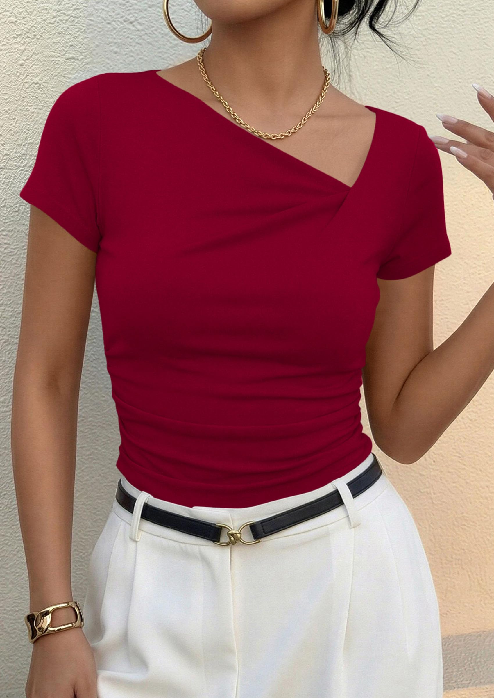 PRETTYGARDEN Women's Summer Asymmetrical Y2K Tops Trendy Ribbed Short Sleeve Fitted Tee Shirts Spring Fashion Clothing PRETTYGARDEN