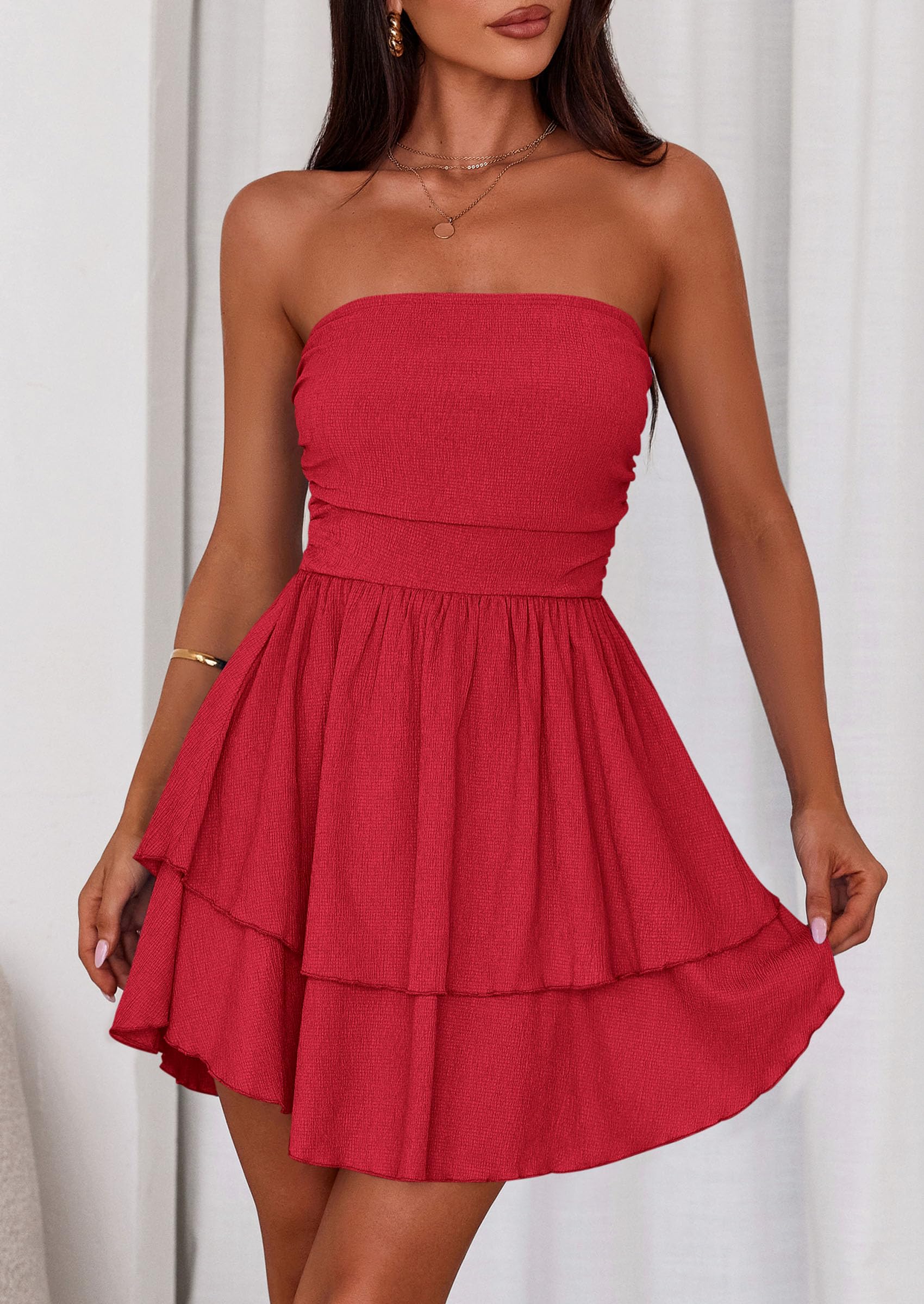 PRETTYGARDEN Women's Summer Strapless Tube Mini Dress Off Shoulder Smocked Ruffle A Line Flowy Short Party Club Dresses