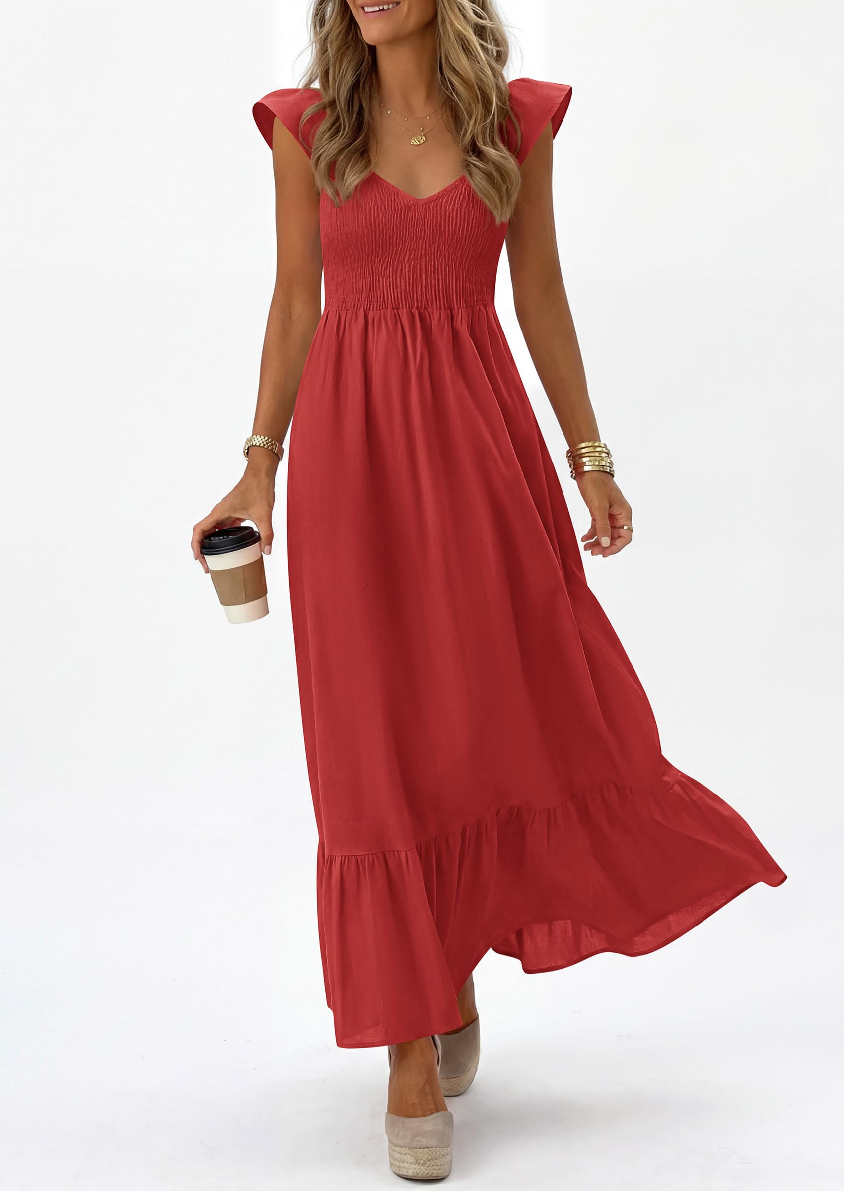 PRETTYGARDEN Women's Summer Casual Maxi Dresses Cap Sleeve V Neck Smocked Long Pockets Party Sundress Vacation Outfits PRETTYGARDEN