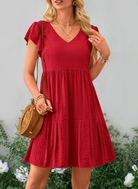 Summer Casual Cap Sleeve V Neck Tiered Ruffle Swing A Line Dresses