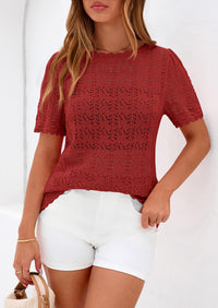 PRETTYGARDEN Women's Short Sleeve Sweater Trendy Crochet Summer Tops Casual Hollow Out Shirts Beach Vacation Clothes PRETTYGARDEN