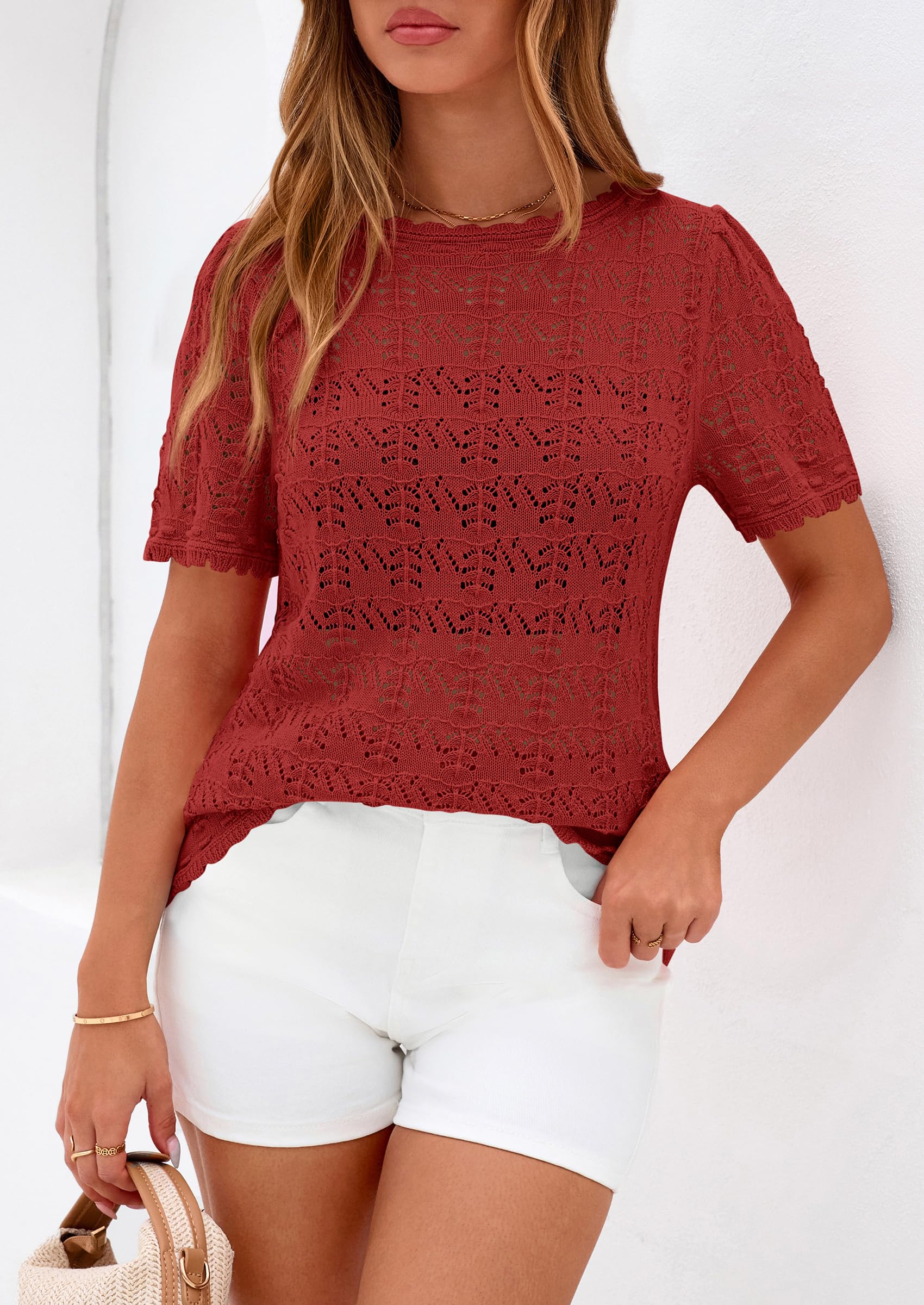 PRETTYGARDEN Women's Short Sleeve Sweater Trendy Crochet Summer Tops Casual Hollow Out Shirts Beach Vacation Clothes PRETTYGARDEN