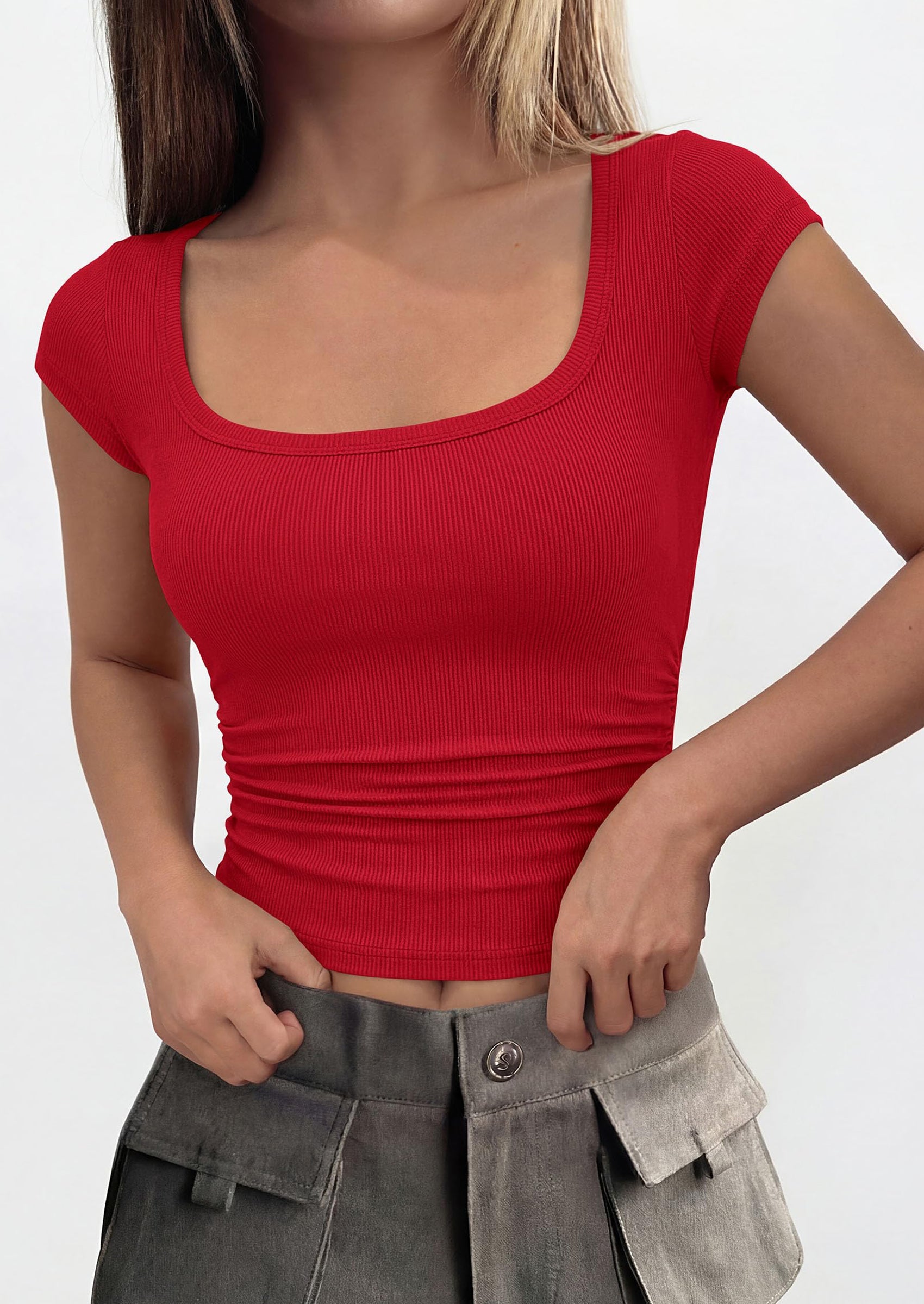 PRETTYGARDEN Womens Cap Sleeve T Shirts Square Neck Basic Tees Slim Fit Ribbed Knit Spring Going Out Tops Summer Clothes PRETTYGARDEN