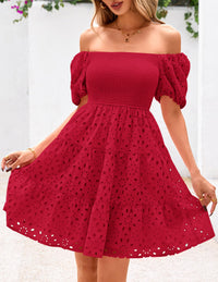 Womens Summer Puff Sleeve Mini Dress Off Shoulder Eyelet Smocked A Line Casual Babydoll Short Dresses