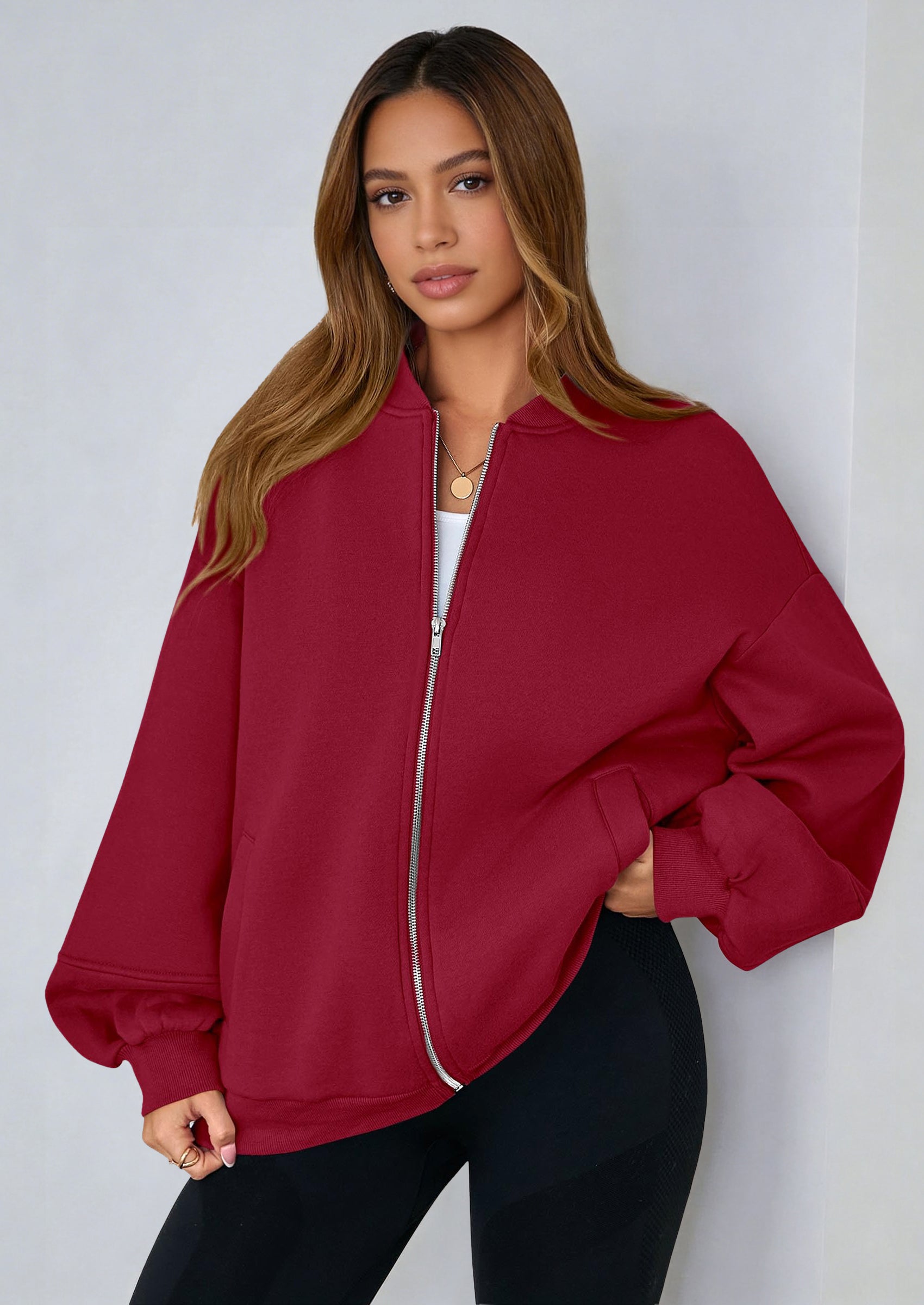 KIRUNDO Oversized Sweatshirt for Women Zip Up Bomber Jacket Fall Fashion Casual Long Sleeve Outerwear Winter Outfits