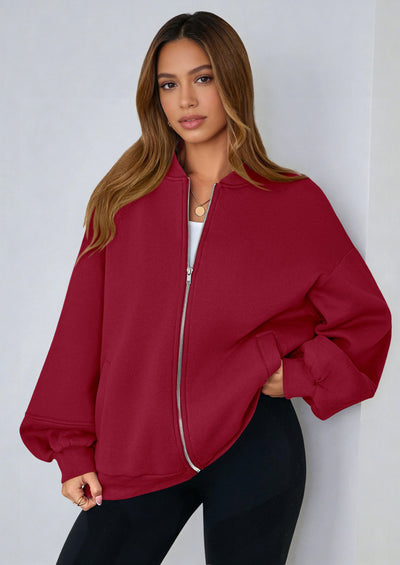 KIRUNDO Oversized Sweatshirt for Women Zip Up Bomber Jacket Fall Fashion Casual Long Sleeve Outerwear Winter Outfits